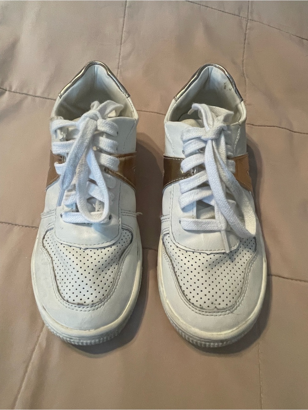 MIA White Sneakers with Rose Gold Accent Strap - Kids Lace-Up Shoes